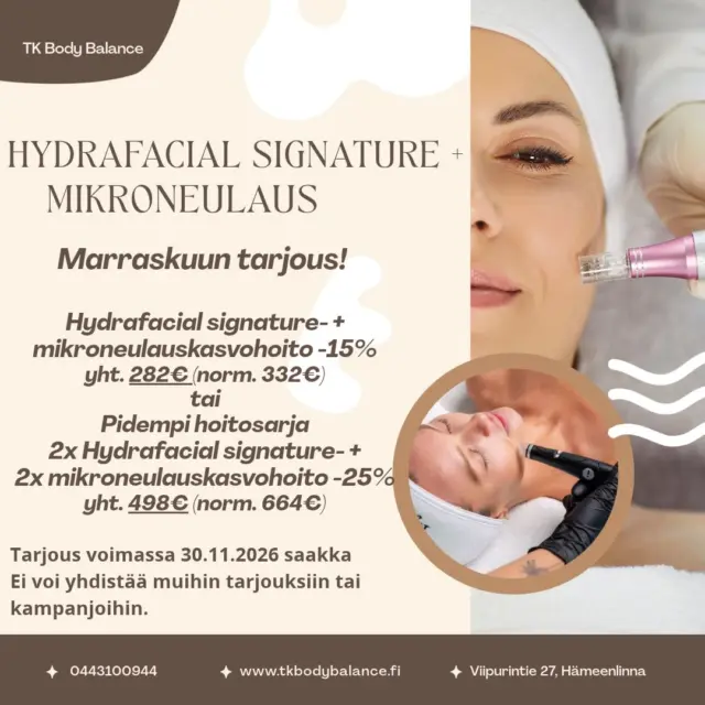 ✨ SKIN RENEWAL – palauta hehku ja kimmoisuus iholle✨

2 TAI 4 HOIDON KOKONAISUUS – HEHKUA, KIRKKAUTTA JA IHON UUDISTUMISTA!

Nyt on täydellinen hetki panostaa ihosi hyvinvointiin! 
Yhdistin kaksi tehokasta kasvohoitoa kokonaisuudeksi, jossa ihon puhdistus, kosteutus ja uudistuminen kulkevat käsi kädessä.

Kampanjakokonaisuus sisältää:

💧 Hydrafacial Signature

💎Syväpuhdistaa ihoa hellävaraisesti, tyhjentää ihohuokoset
💎Poistaa kuollutta ihosolukkoa ja epäpuhtauksia
💎Kosteuttaa tehokkaasti ja kirkastaa ihon ilmettä
💎Auttaa palauttamaan ihon raikkaan ja heleän ulkonäön

✨ Mikroneulaus kasvohoito

⭐️Tukee ihon luonnollista uudistumisprosessia
⭐️Aktivoi ihon kollageenin ja elastiinin muodostumista
⭐️Auttaa tasoittamaan ihon pintarakennetta
⭐️Soveltuu esimerkiksi juonteiden, epätasaisen ihon tekstuurin ja aknearpien hoidon tueksi

MIKSI YHDISTÄÄ NÄMÄ HOIDOT?

Hydrafacial Signature valmistelee ihoa puhdistamalla ja kosteuttamalla sitä, kun taas mikroneulaus tukee ihon uudistumista ja rakenteen paranemista.

Yhdessä nämä hoidot muodostavat monipuolisen sarjahoitokokonaisuuden, jossa huomioidaan sekä ihon pinnan hyvinvointi että ihon syvemmät uudistumismekanismit. 

🧾KENELLE SARJAHOITO SOPII?

Sarjahoitoa voidaan suositella erityisesti, jos ihollasi on:

•Sameutta ja elottomuutta
•Epätasaista ihon pintarakennetta
•Laajentuneita ihohuokosia
•Hienoja juonteita
•Aknearpia tai muita ihon epätasaisuuksia
•Kosteusköyhyyttä ja ihon väsynyttä ilmettä

🌿 HOITOSUOSITUS

Hoidot etenee yksilöllisen hoitosuunnitelman mukaan. Sopivuus ja hoitovälit arvioidaan aina ihon kunnon ja yksilöllisten tarpeiden perusteella.
Mikroneulaushoitojen väliin jätetään riittävä palautumisaika ja Hydrafacial-hoitojen ajoitus suunnitellaan suhteessa mikroneulaukseen niin, että iho ehtii palautua rauhassa. Hoidot eivät ole tarkoitettu tehtäviksi samanaikaisesti.

Nyt on mahdollisuus hankkia kahden tai neljän hoidon kokonaisuus edulliseen kampanjahintaan!!
Varaa aikasi ja anna ihollesi mahdollisuus uuteen hehkuun. ✨