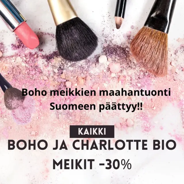 Ihana rakastamamme Boho -meikkisarjan maahantuonti loppuu, joten nyt kaikki loput Bohot loppuunmyynnissä -30%
myös kaikki Charlotte bion meikit -30%
Parhaiten pääset ostoksille varaamalla oman ”ostosvartin” nettisivuiltamme tkbodybalance.fi
Voit myös aina soittaa tai laittaa viestiä! 😊